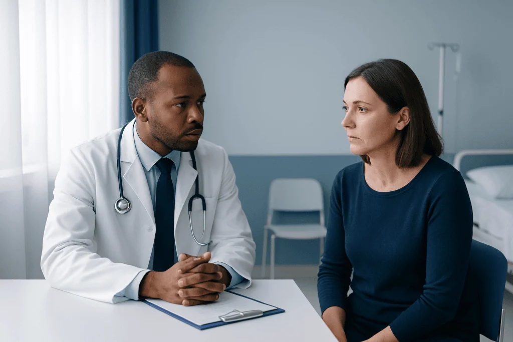 Doctor consulting with a female patient in a hospital room.