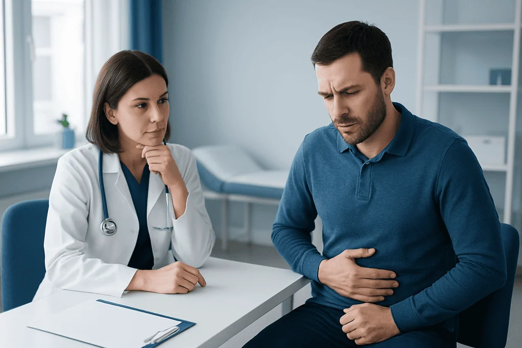 Doctor consulting with a patient experiencing stomach pain in a medical office.