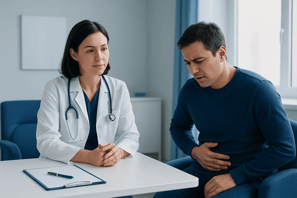 Doctor consulting with patient about abdominal pain in clinic setting.