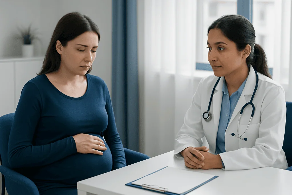 Doctor consulting pregnant woman in a medical office.