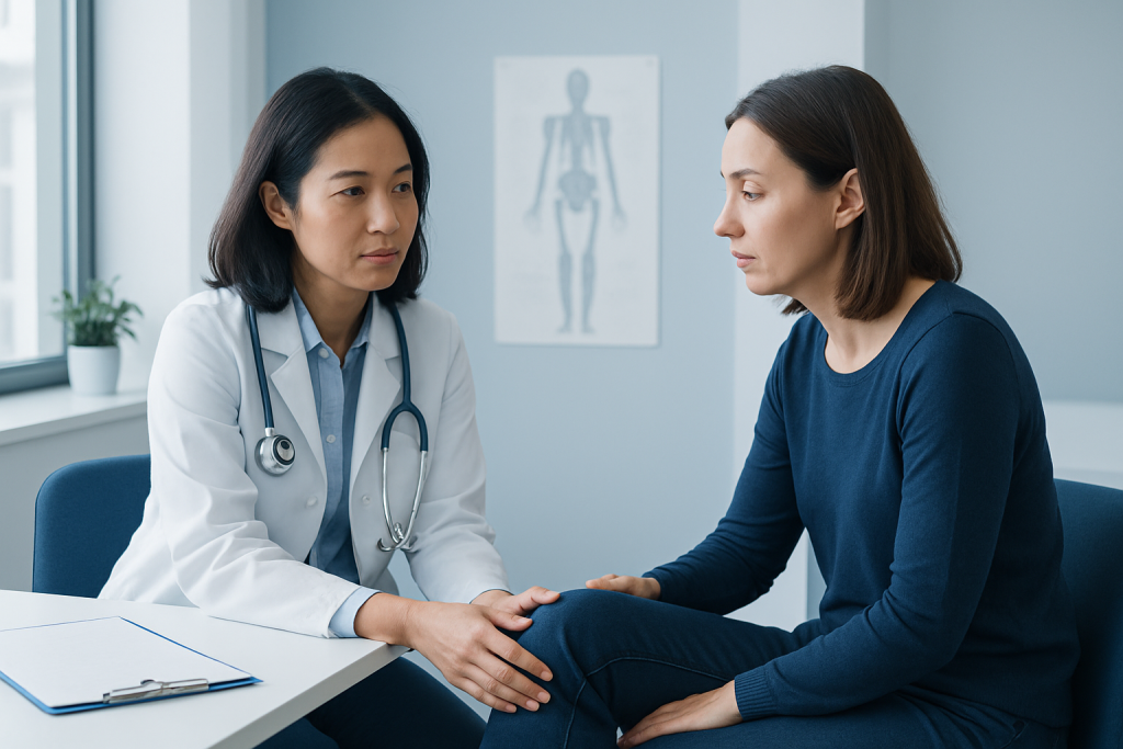 Doctor consulting with a patient about connective tissue health in a medical office.