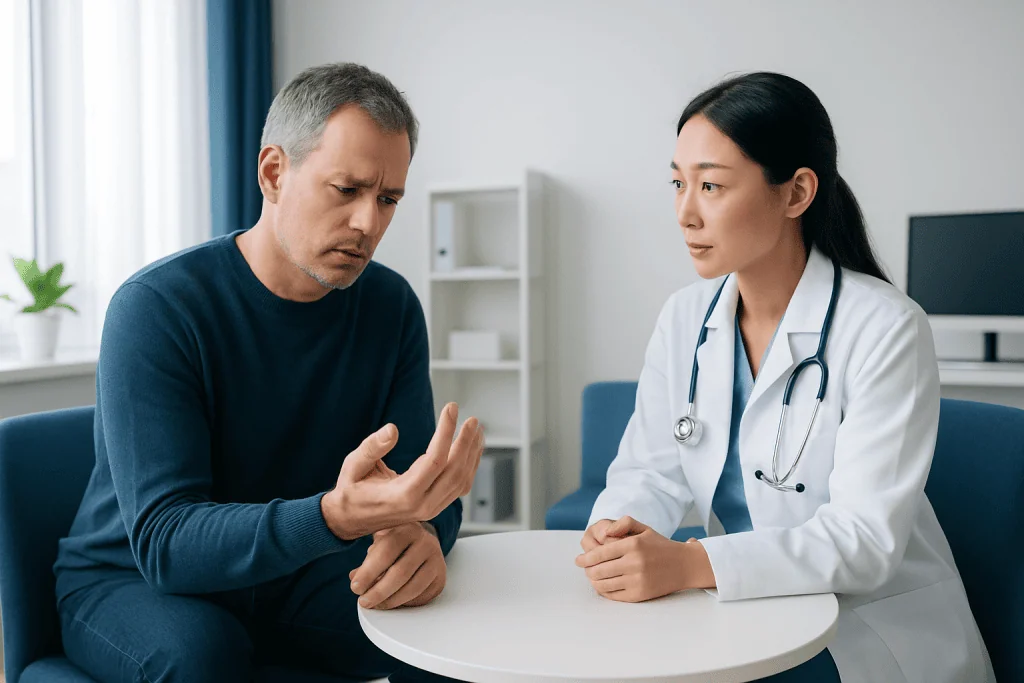 Doctor explaining hand condition to patient in consultation room.