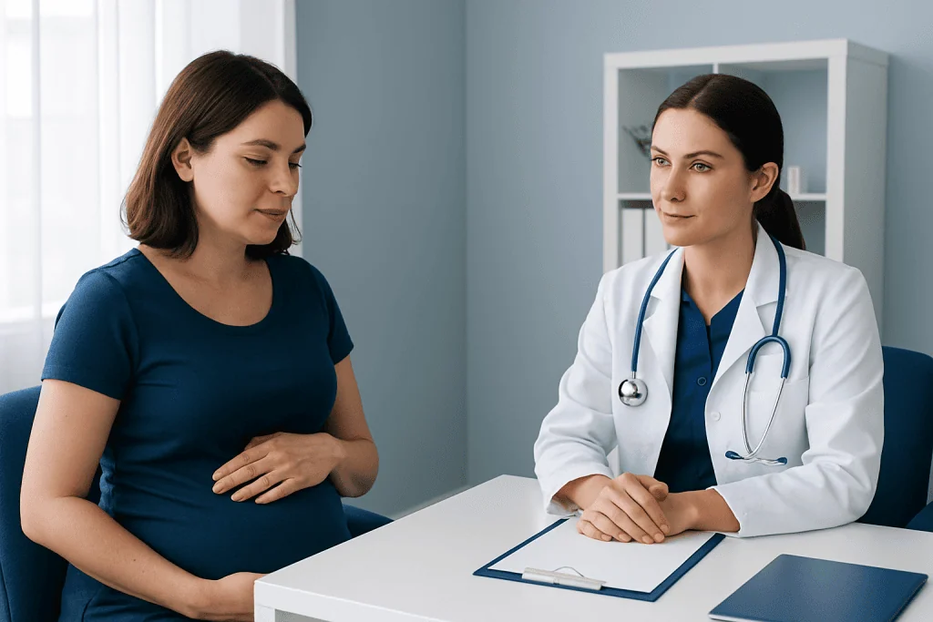 Pregnant woman consulting with a doctor in a medical office.