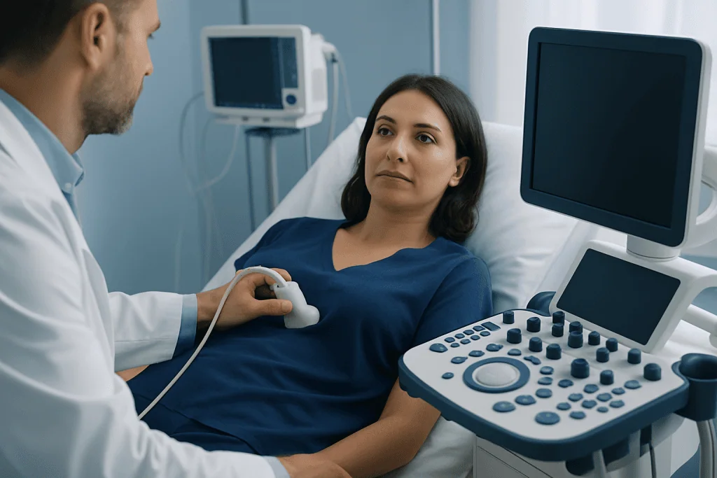 Doctor performing an ultrasound examination on a female patient in a hospital room.