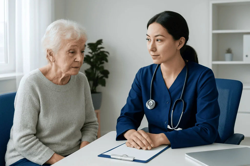Doctor consulting with elderly patient in a medical office.