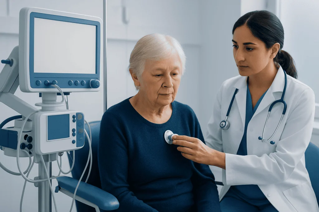 Doctor examining elderly patient in hospital setting with medical equipment.