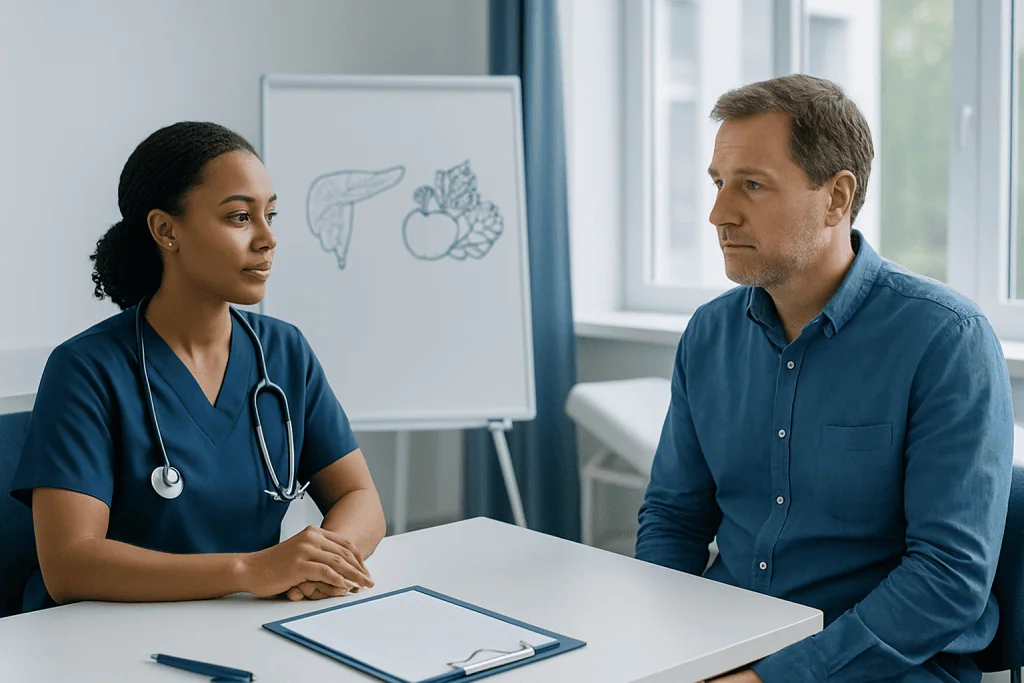 Doctor consulting with a patient in a medical office setting.