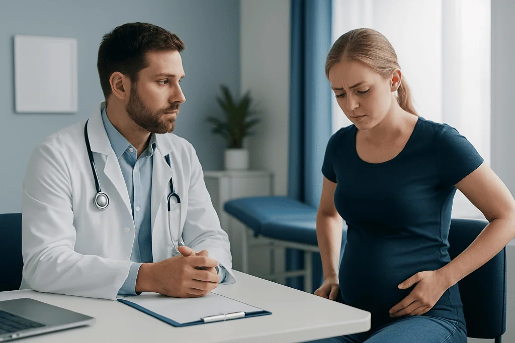 Doctor consulting pregnant woman in a medical office.