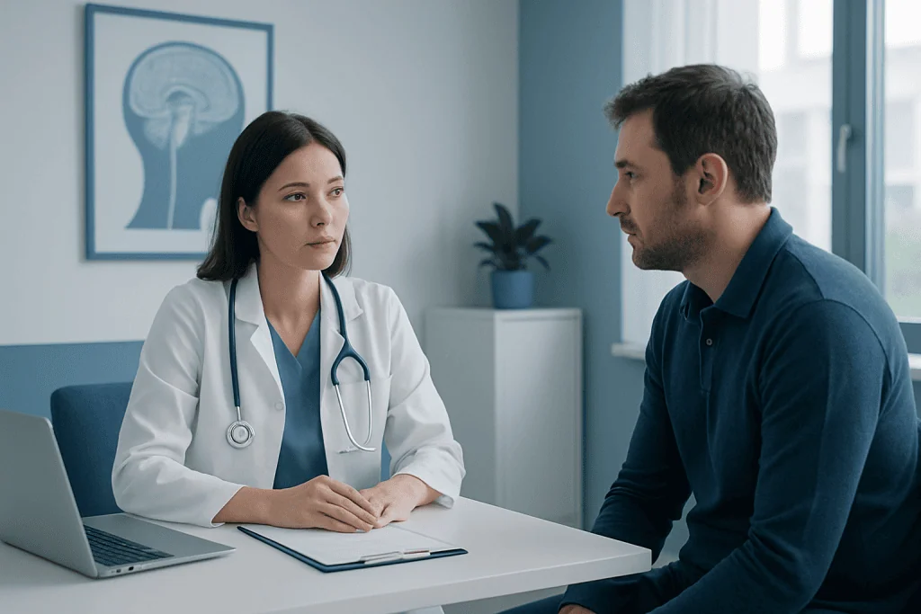 Doctor consulting with a male patient in a medical office setting.