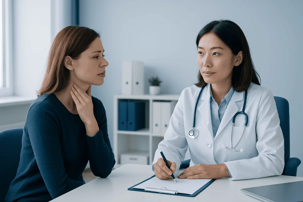 Doctor consulting with a patient about health concerns in a medical office.