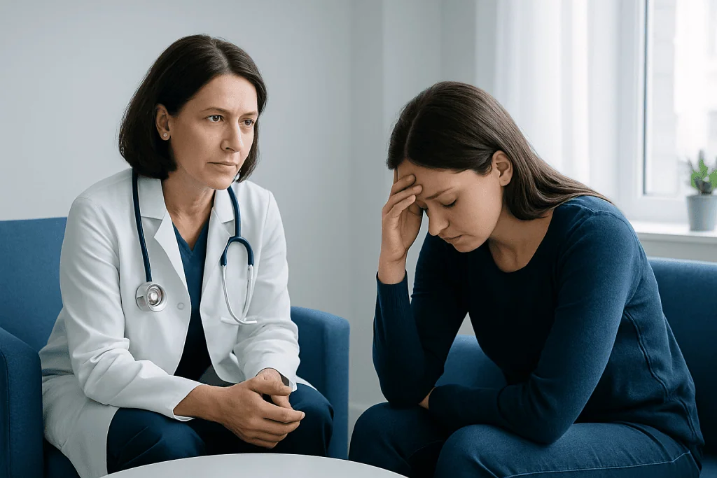 Doctor counseling a young woman with head pain in a medical office.