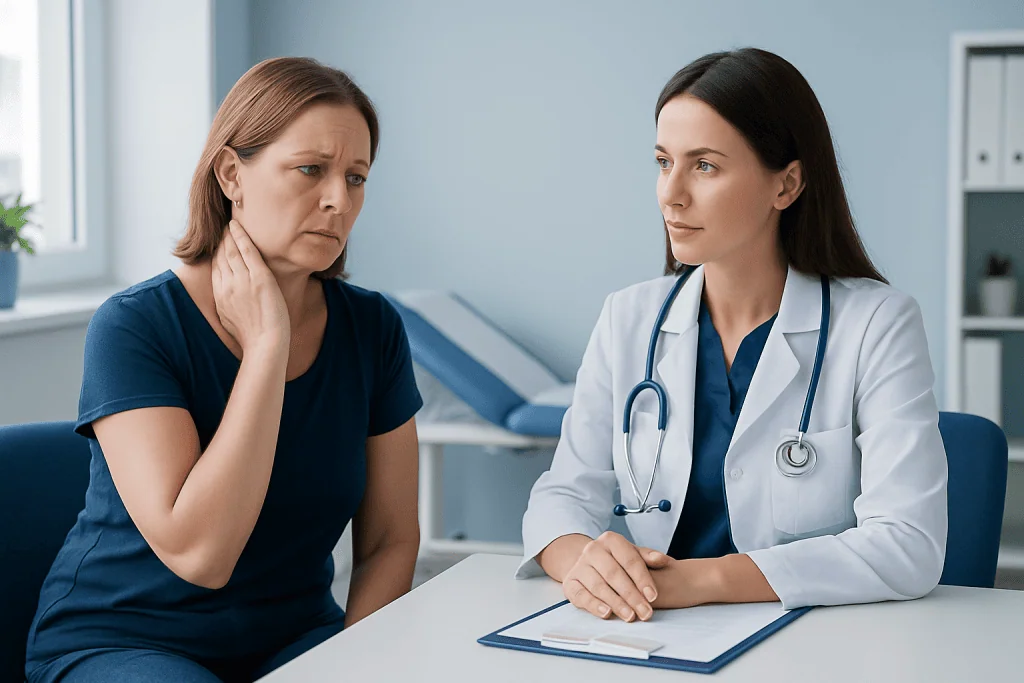 Doctor consulting with a patient about neck pain in a medical office.