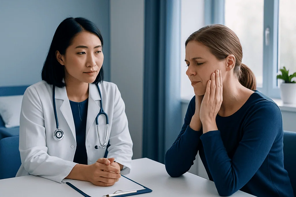 Doctor consulting with a patient about jaw pain or discomfort.