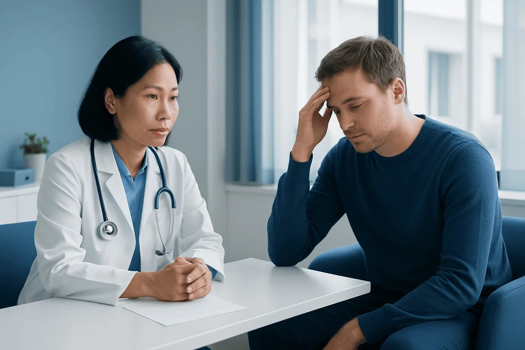 Doctor consulting with a young male patient in a medical office.