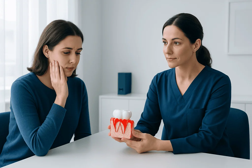 Dentist explaining dental health to patient with dental model.