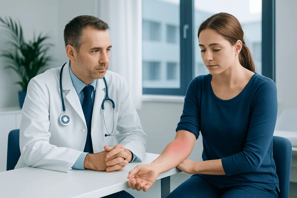 Doctor consulting with a patient about her arm in a medical office.