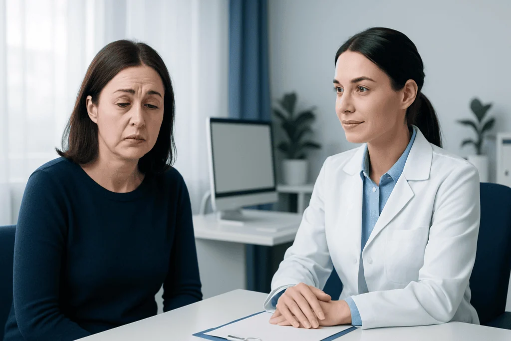 Doctor consulting with a patient about ptosis diagnosis and treatment options.