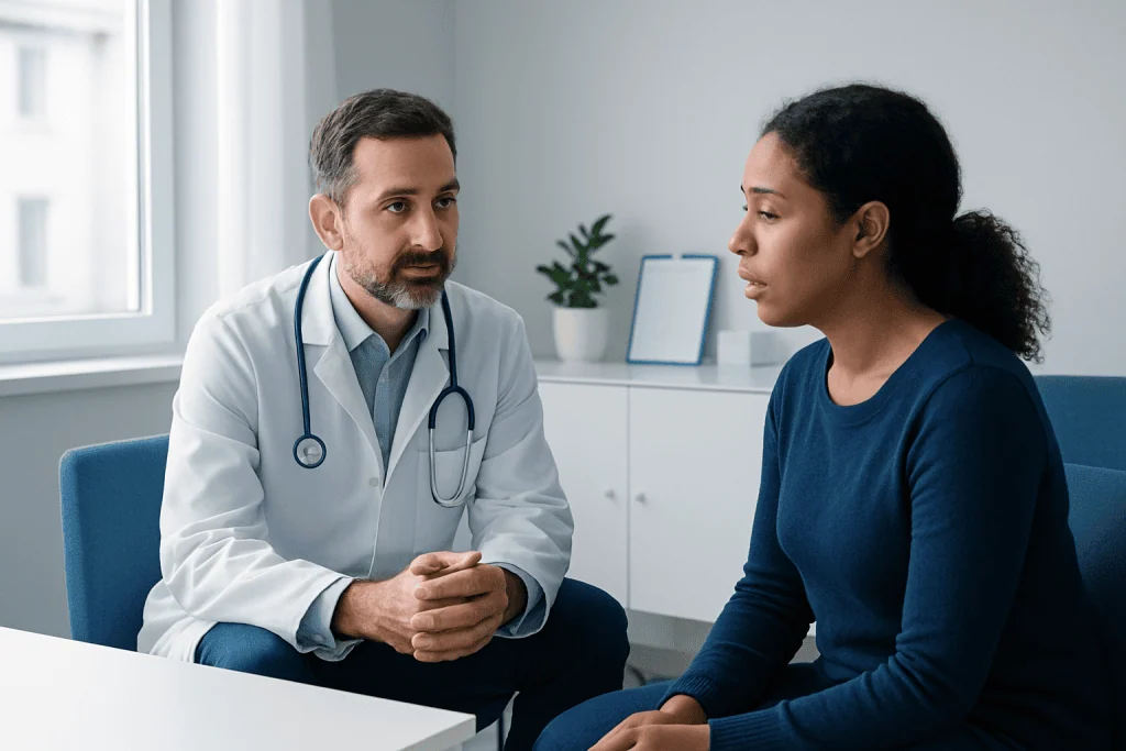 Doctor consulting with a female patient in a medical office.