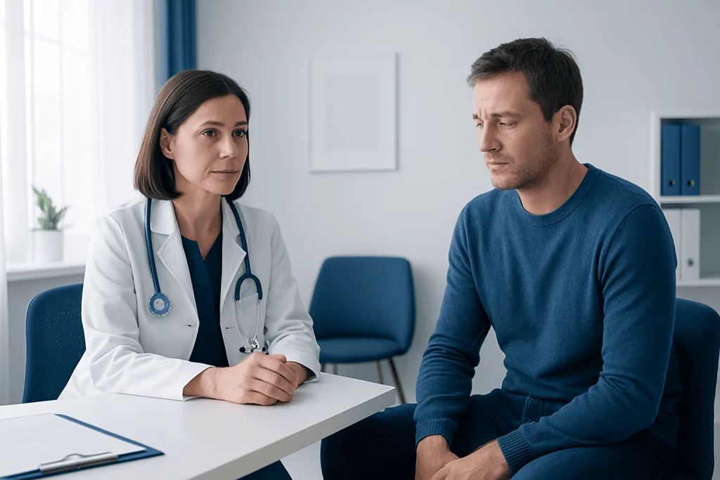 Doctor consulting with male patient in a medical office.