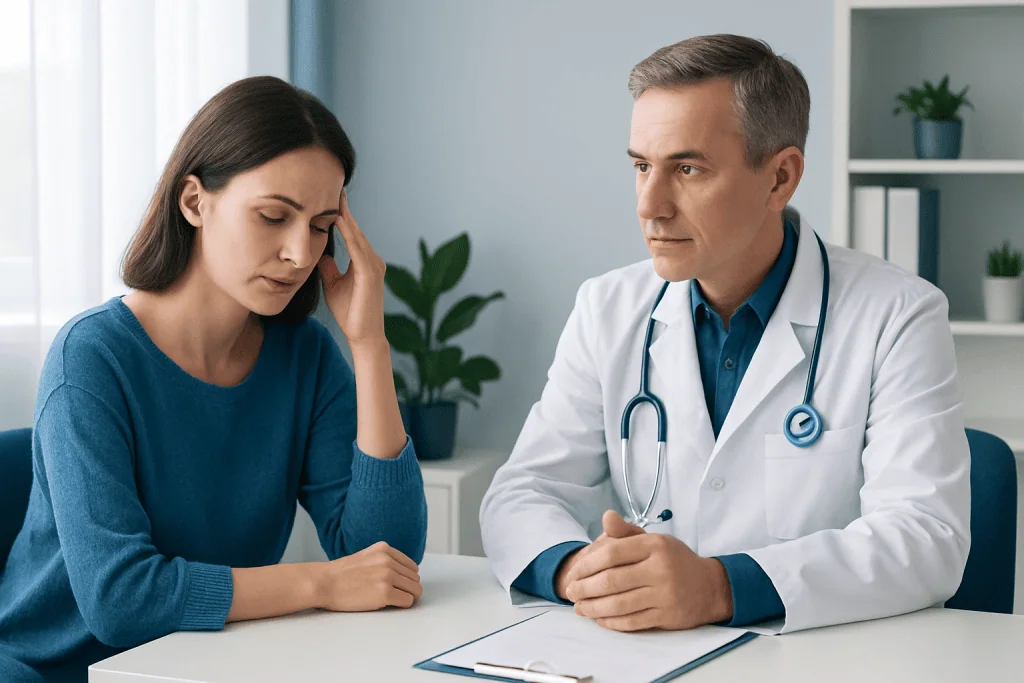 Doctor consulting a patient with headache in a medical office.