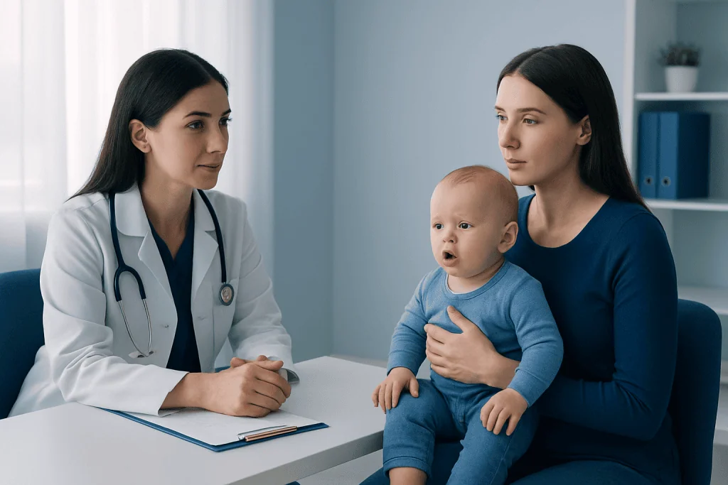 Pediatric consultation with a doctor and mother discussing a baby.