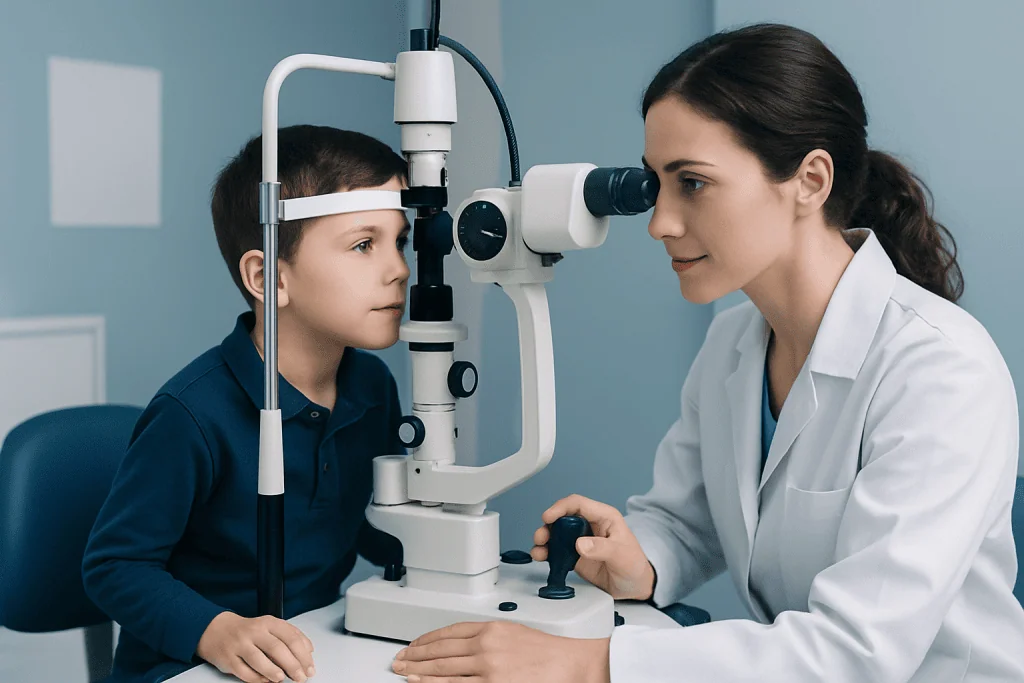 Child undergoing eye examination with slit lamp by ophthalmologist.