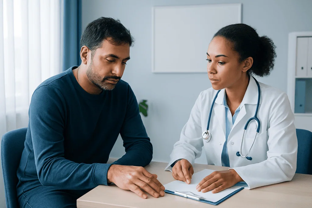 Doctor consulting with a patient in a medical office setting.