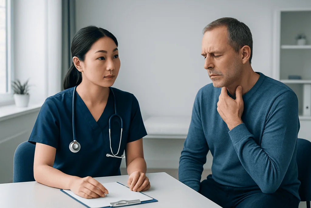 Doctor consulting with a patient about dysphasia symptoms and treatment options.