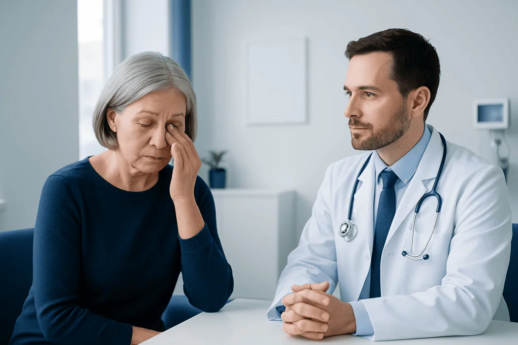 Doctor consulting with an elderly woman experiencing eye discomfort.