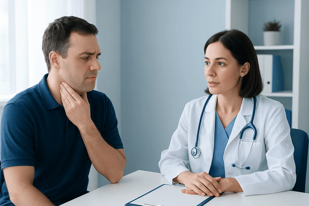 Doctor consulting with patient about throat discomfort in clinic.