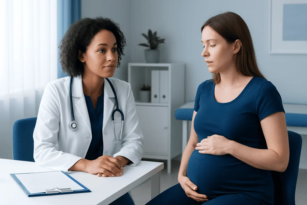 Pregnant woman consulting with a doctor in a medical office.
