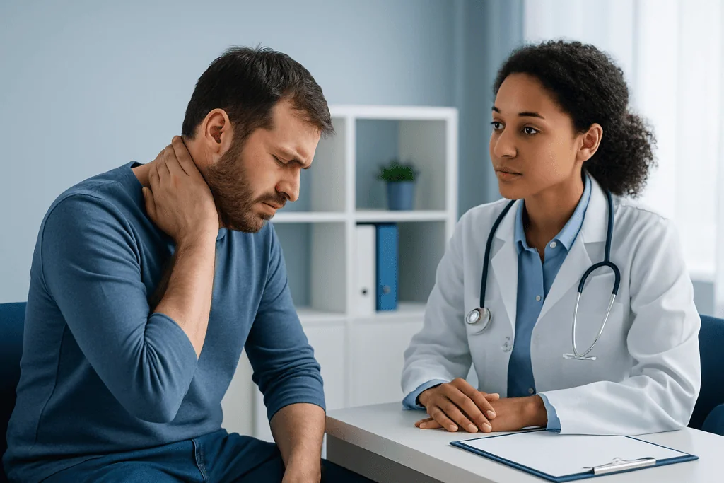 Patient experiencing neck pain during medical consultation at Acibadem Hospital.
