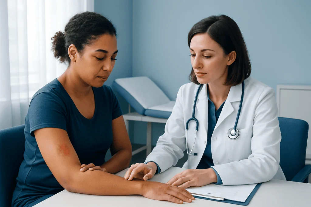 Doctor examining patient's arm for skin lesion or rash.