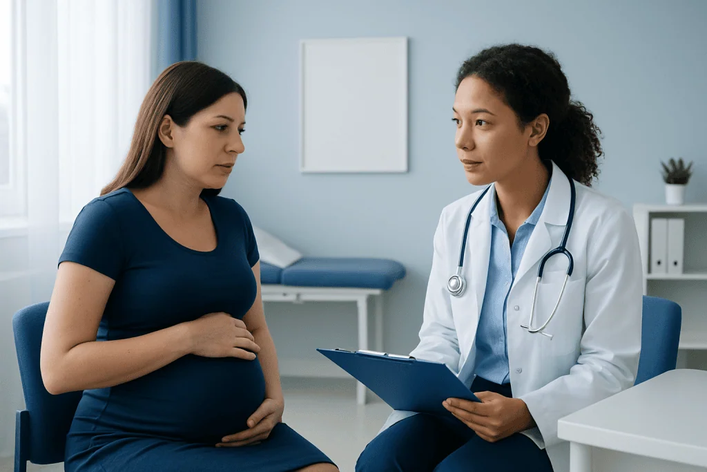 Pregnant woman consulting with a doctor in a medical office.