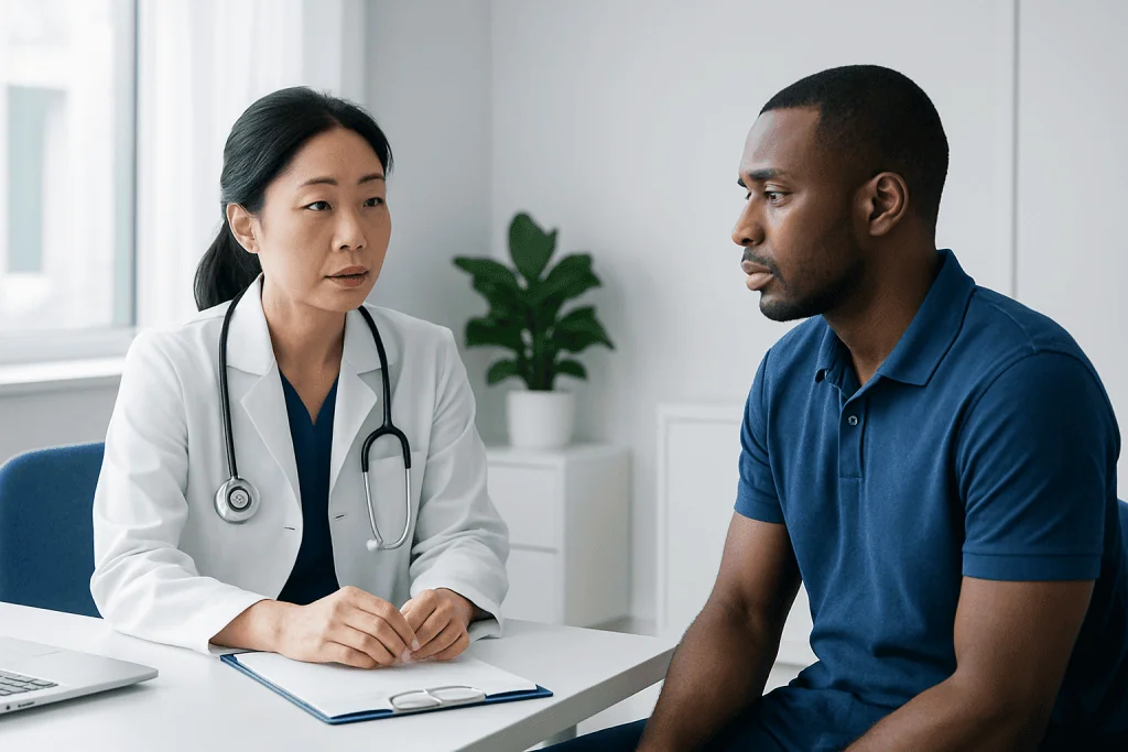Doctor consulting with a patient in a modern clinic setting.