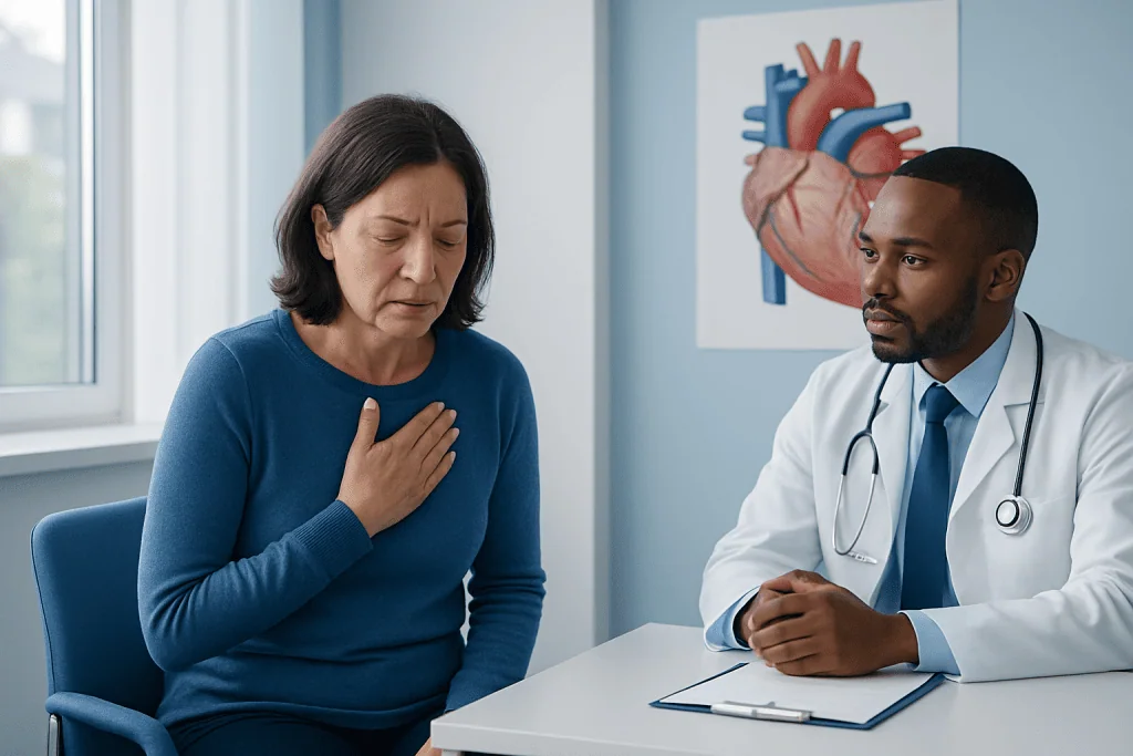 Patient experiencing chest pain during medical consultation at hospital.