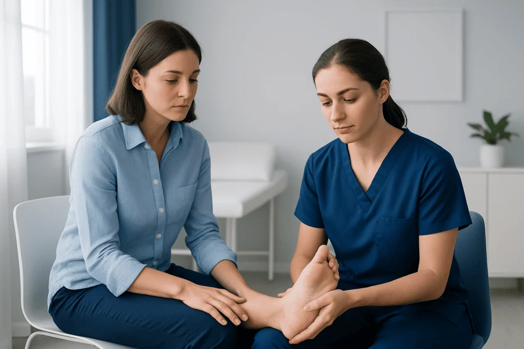 Podiatrist examining a patient's foot for plantar fasciitis symptoms.