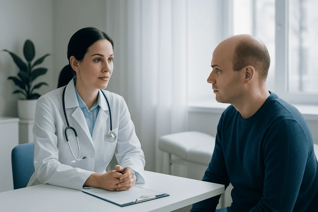 Doctor consulting with male patient about hair loss treatment options.
