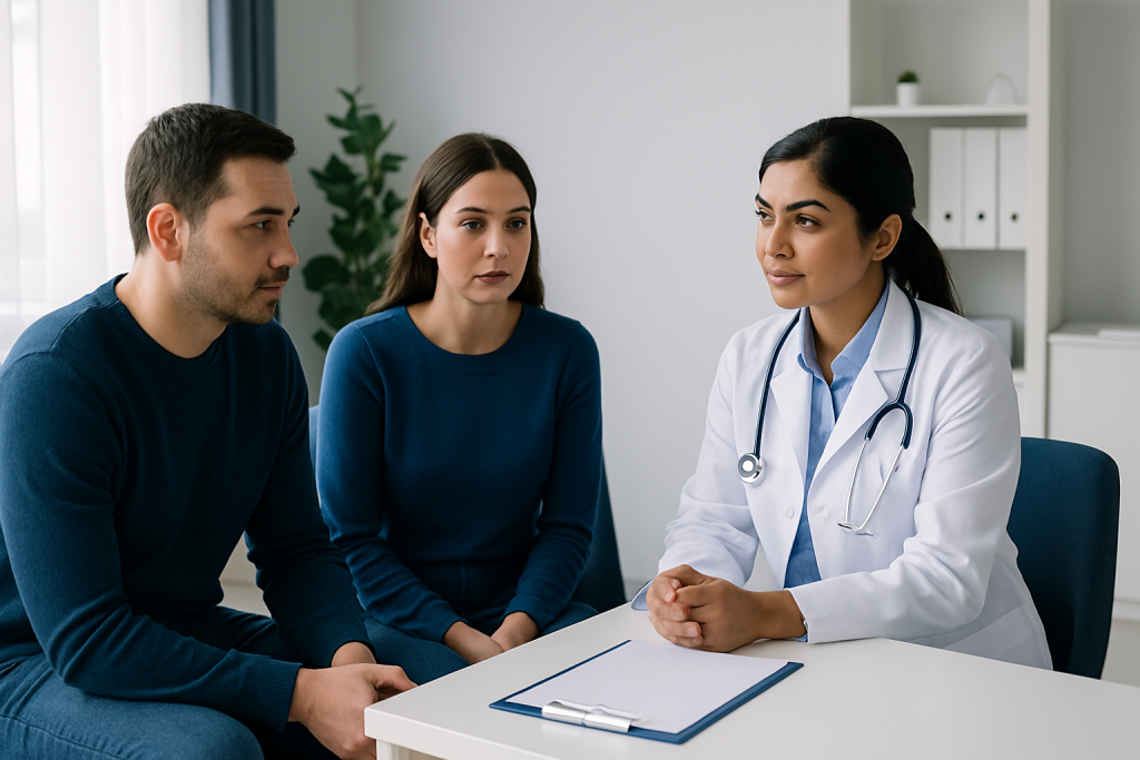 Doctor consulting with couple about health concerns in a modern clinic setting.