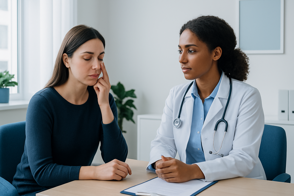 Woman consulting with a doctor about eye health issue.