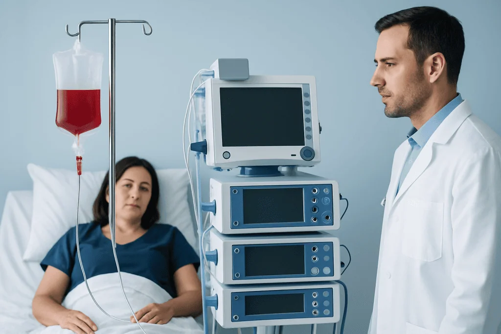 Patient in hospital bed with IV drip and medical staff monitoring vital signs.