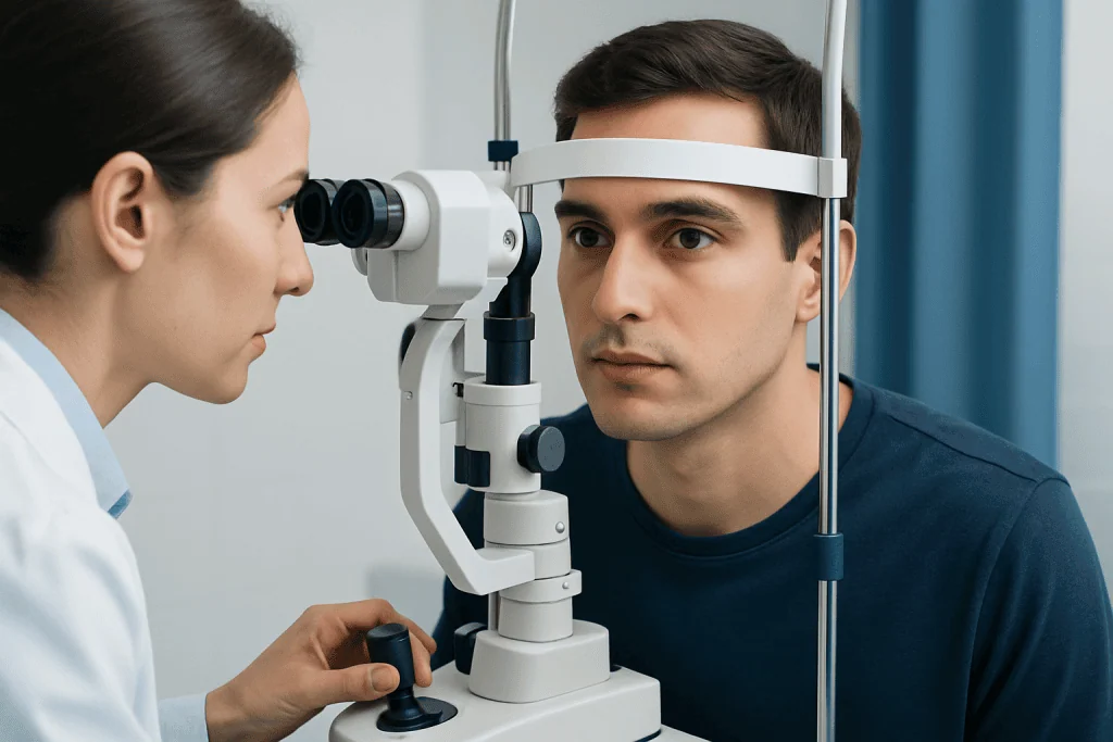 Optometrist examines patient's eyes with slit lamp in clinic setting.