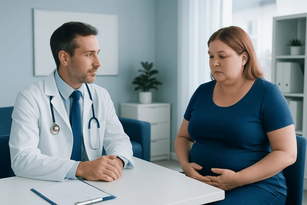 Doctor consulting with a woman patient about health concerns in a modern clinic.