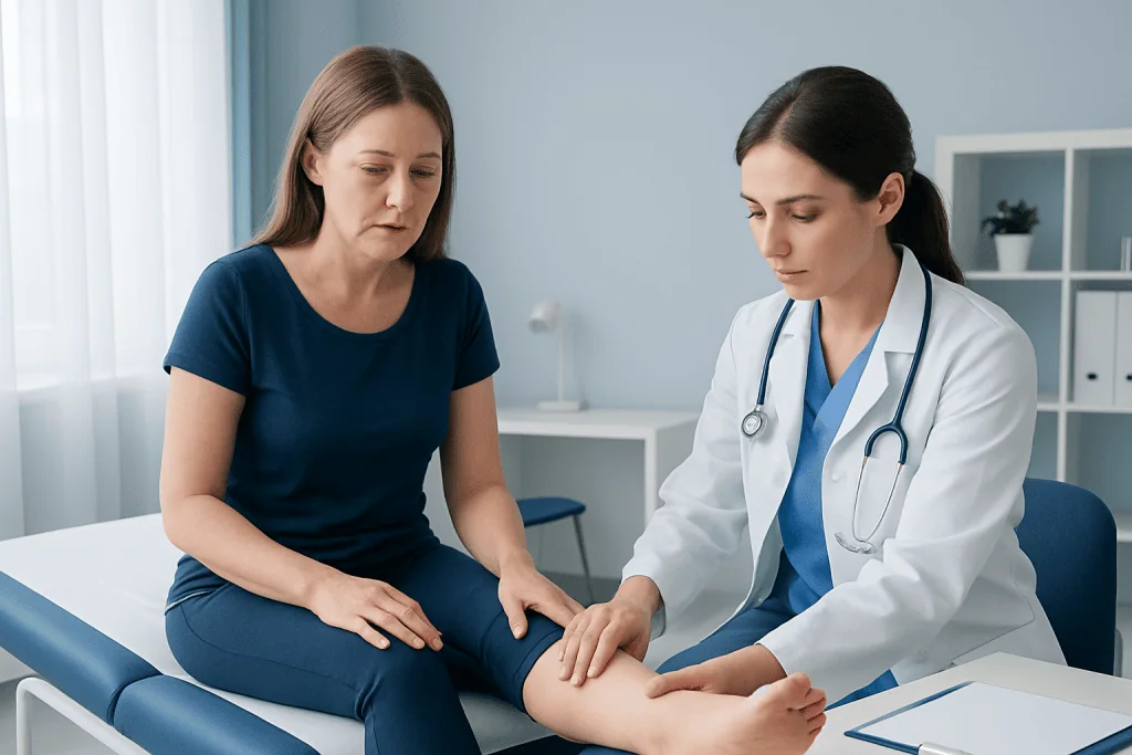 Doctor examining patient's leg in a medical consultation room.