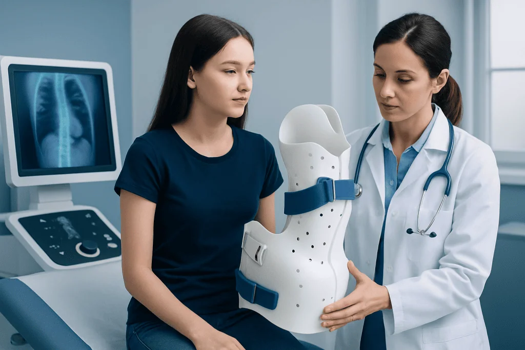 Doctor explains scoliosis brace to young patient in clinic.
