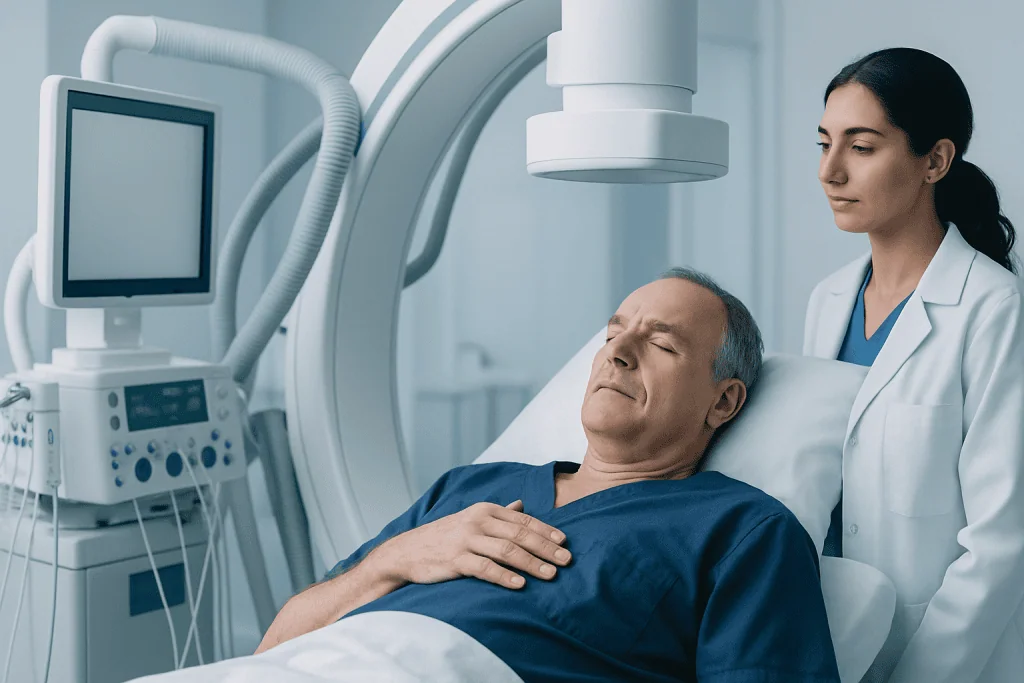 Patient undergoing heart procedure at Acibadem Hospital with medical staff present.