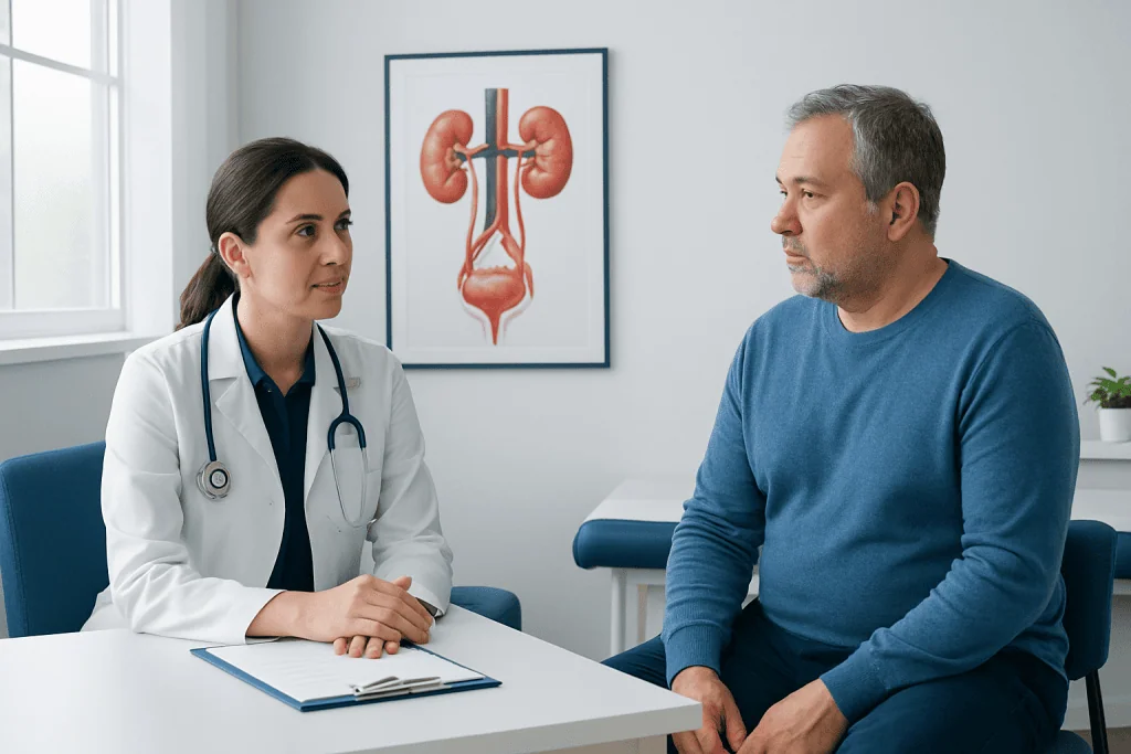 Doctor consulting with patient about kidney health in clinic.
