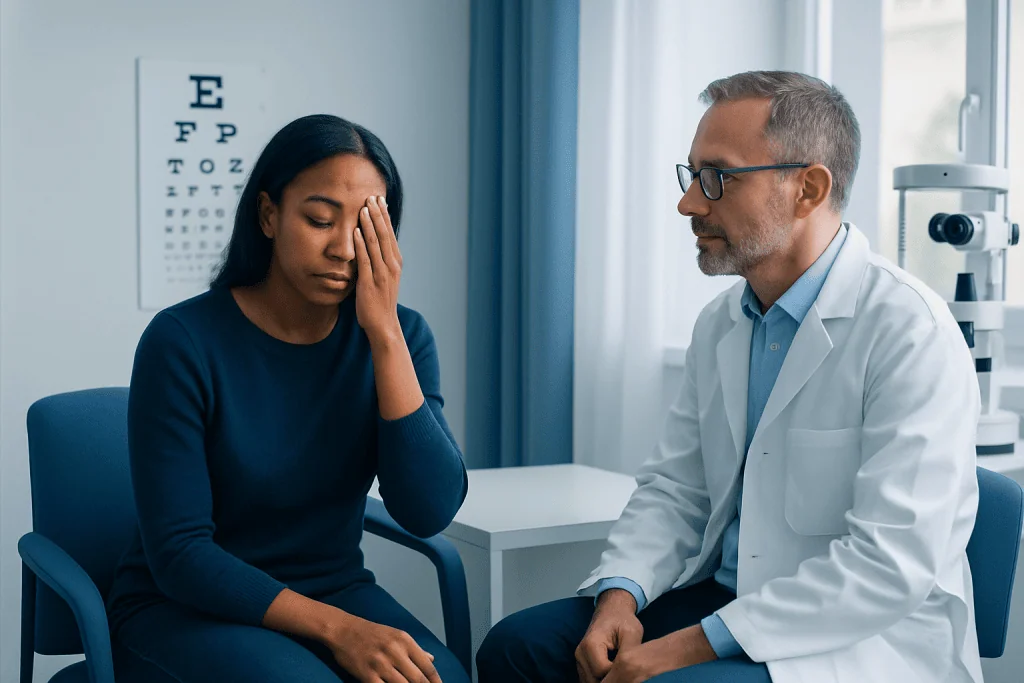 Patient experiencing eye discomfort during an ophthalmology consultation at Acibadem Hospital.