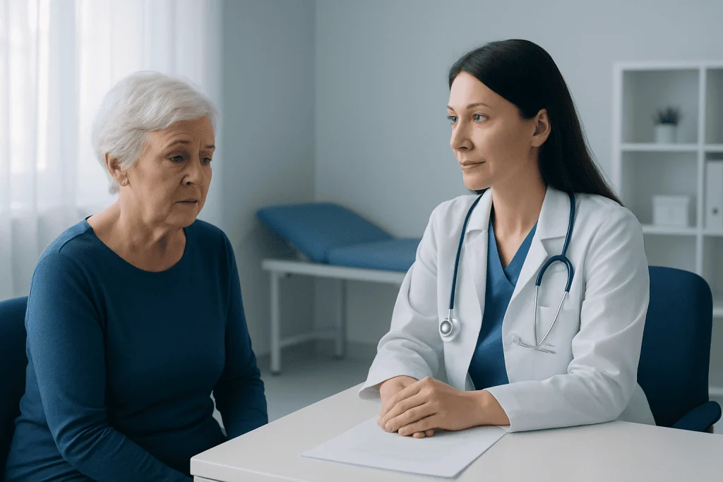 Doctor consulting with an elderly patient in a medical office.