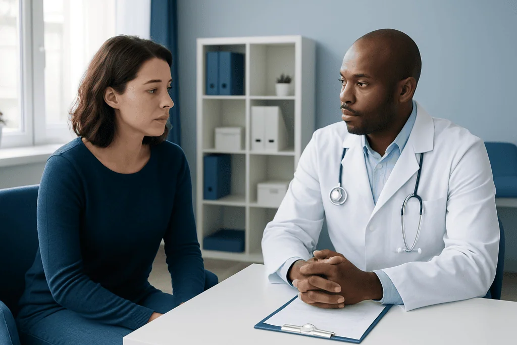 Doctor consulting with a female patient in a modern clinic setting.